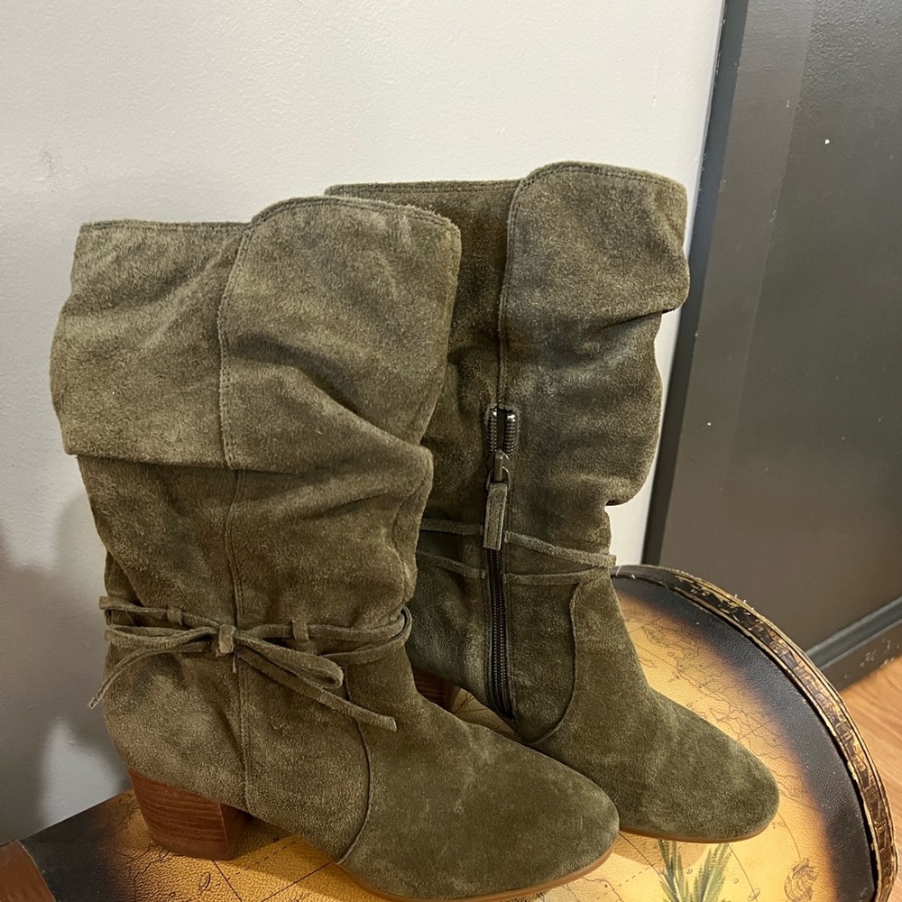 Olive & Red suede booties